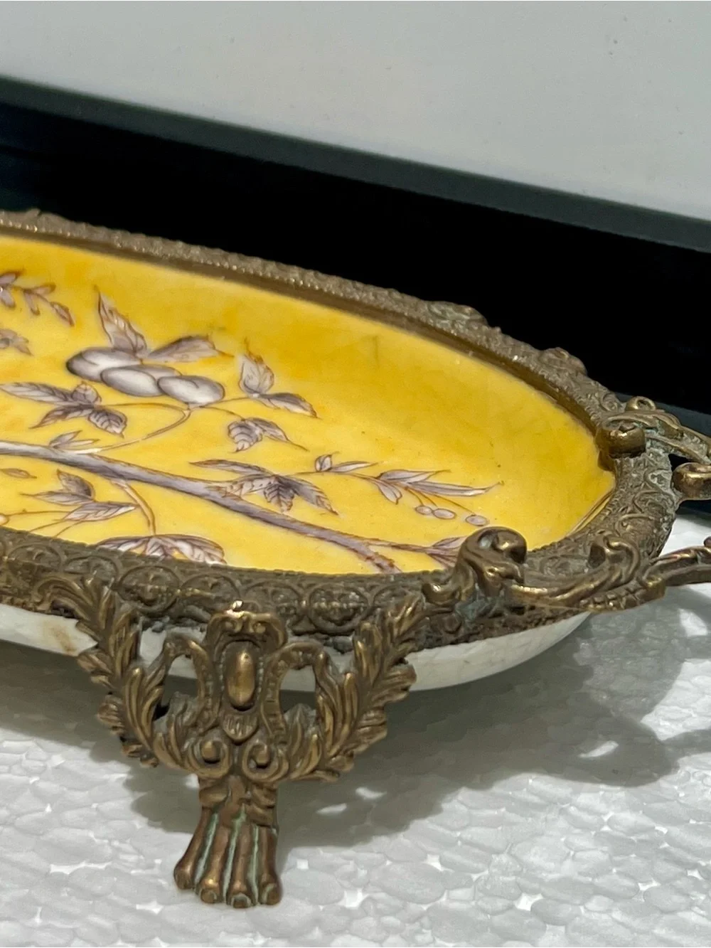 Vintage Chinese Antique Handpainted Porcelain Brass Trinket Soap Dish Tray